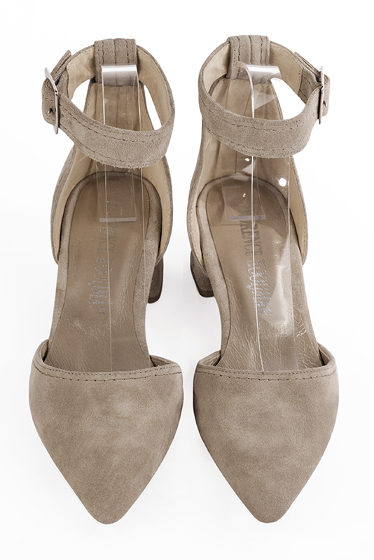 Tan beige women's open side shoes, with a strap around the ankle. Tapered toe. Low flare heels. Top view - Florence KOOIJMAN